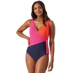 EUC Tommy Bahama Colorblock Scoop Back Swimsuit Sz 14 Navy Pink Orange Wrap